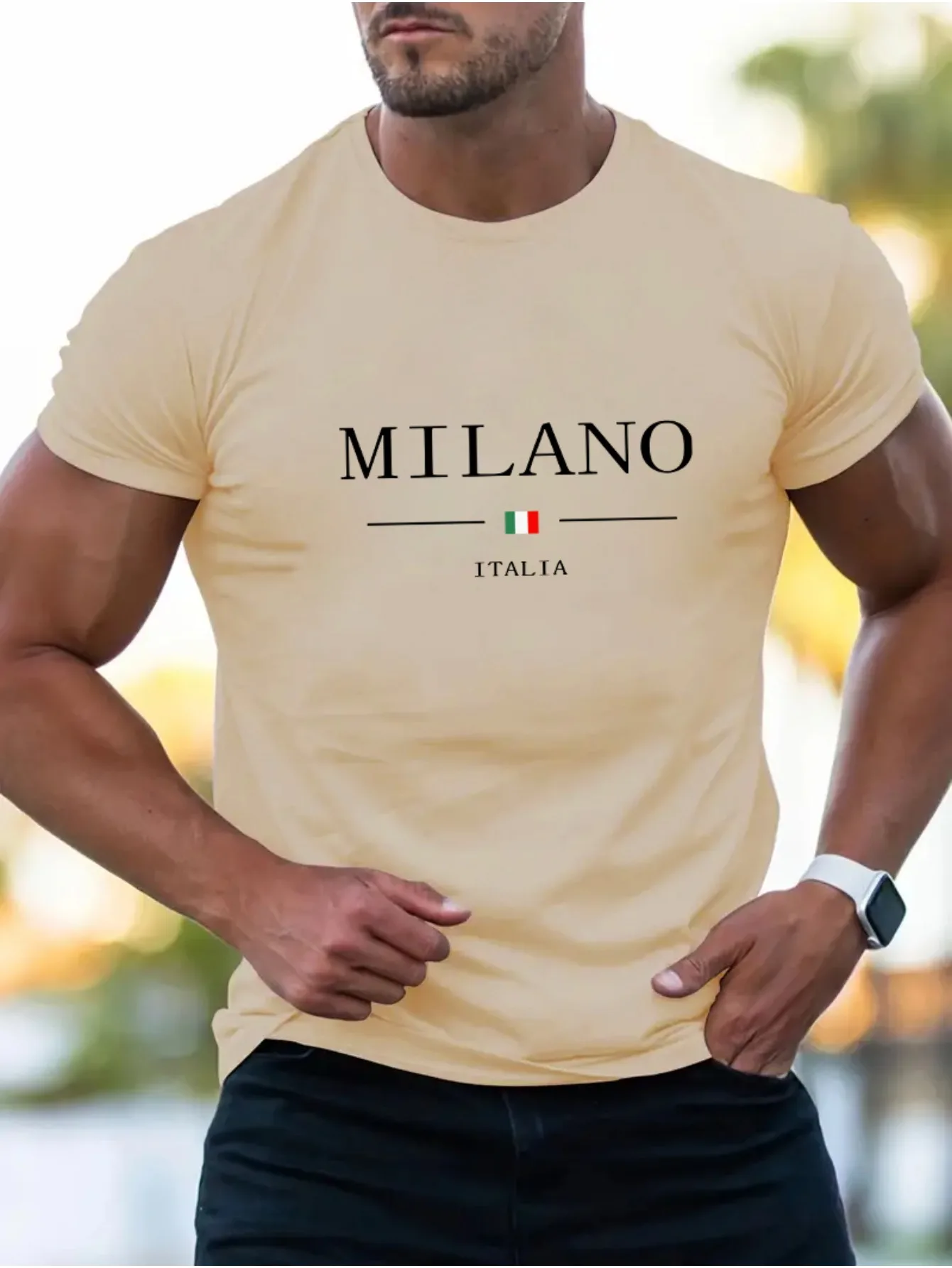 Summer men's 100% cotton casual sports loose plus MILANO print comfortable shopping round neck short sleeved T-shirt top image 5