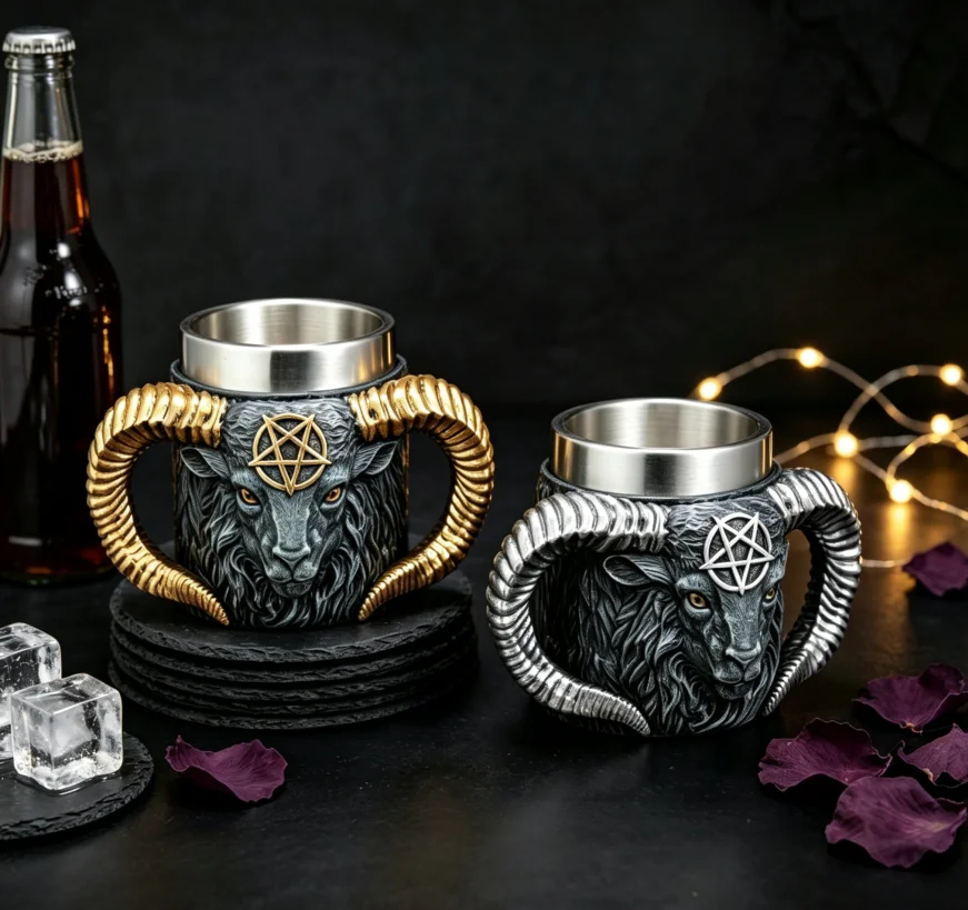European Retro Sculpted Goat Head Mug Resin Outer Stainless‑Steel Liner Double Horn Handle Gothic Home Bar Tabletop Decoration