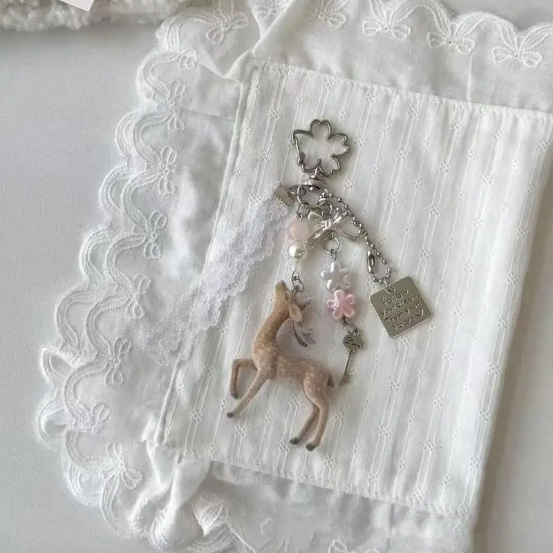 Cute Flocked Deer Keychain With Clasp Pearl Bow And Flower Charms Perfect For Bag Decoration And Daily Gift For Women Girls