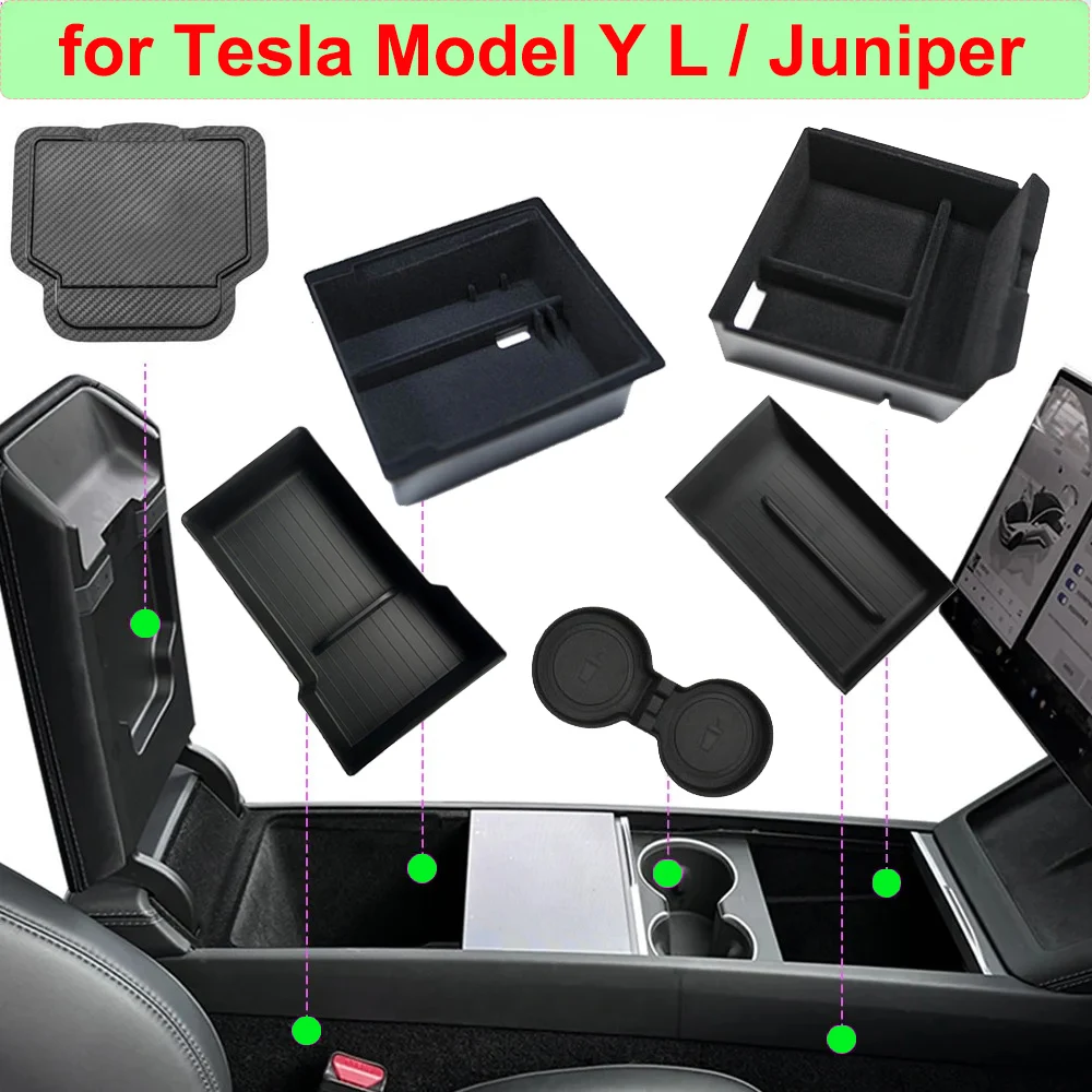 for Tesla Model Y L 2026 Accessories Flocking Center Console Organizer Storage Box YL Juniper Car Cup Mat Armrest Box Organizers