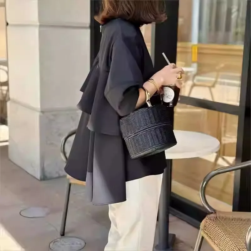 Japanese Style Short Sleeve Shirt round Neck Back Neck Zipper Color Block Weave Belt Top Women's Spring Fashion Batwing Sleeve