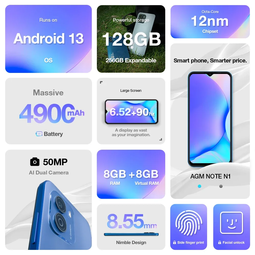 Smartfon AGM Note N1: 16 GB pamięci RAM, 128 GB ROM, wyświetlacz 6,52" 90 Hz, kamera 50 MP, głośniki stereo — wysyłka z Brazylii, szybka dostawa