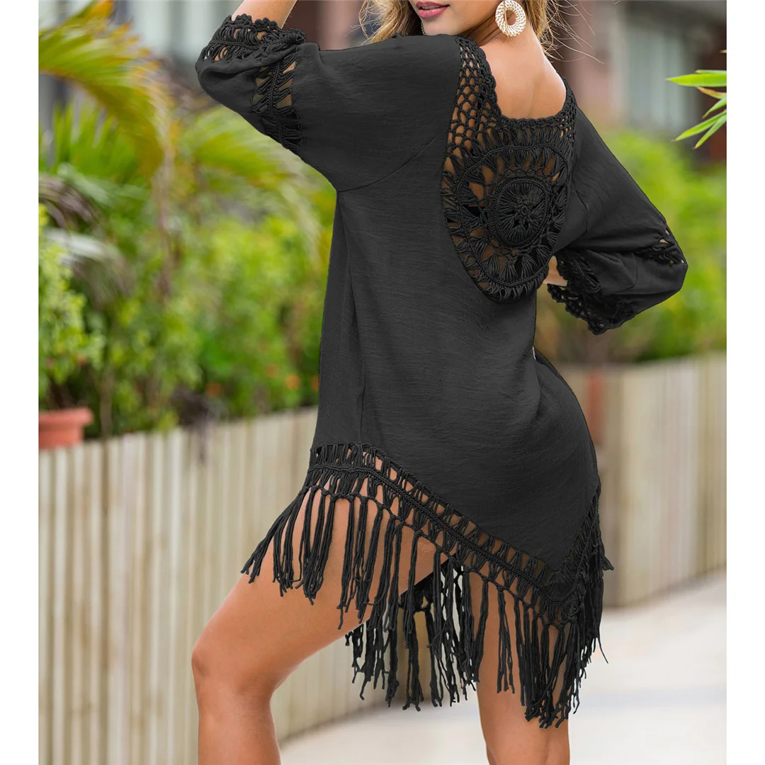 Neue Fransen-Quasten-Häkeltunika mit Aushöhlungen, Strand-Cover-up, Strandkleid, Strandbekleidung, Damenmode V2657 – Detail 31