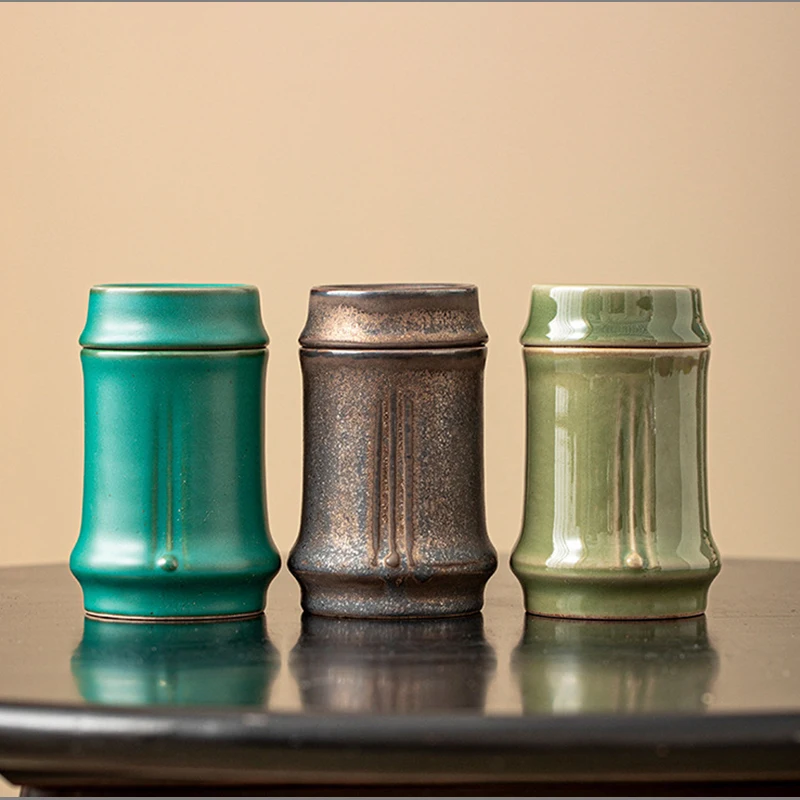 Celadon Bamboo-joint Tea Canister Vintage Ceramic Jar for Candies Nuts Coffee Beans Herbs Kitchen Airtight Storage Container New