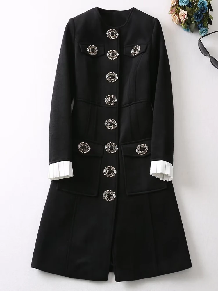 SEQINYY Black Long Coat Autumn Winter New Fashion Design Women Runway High Street Beading Buttons Elegant Pockets Thick Top