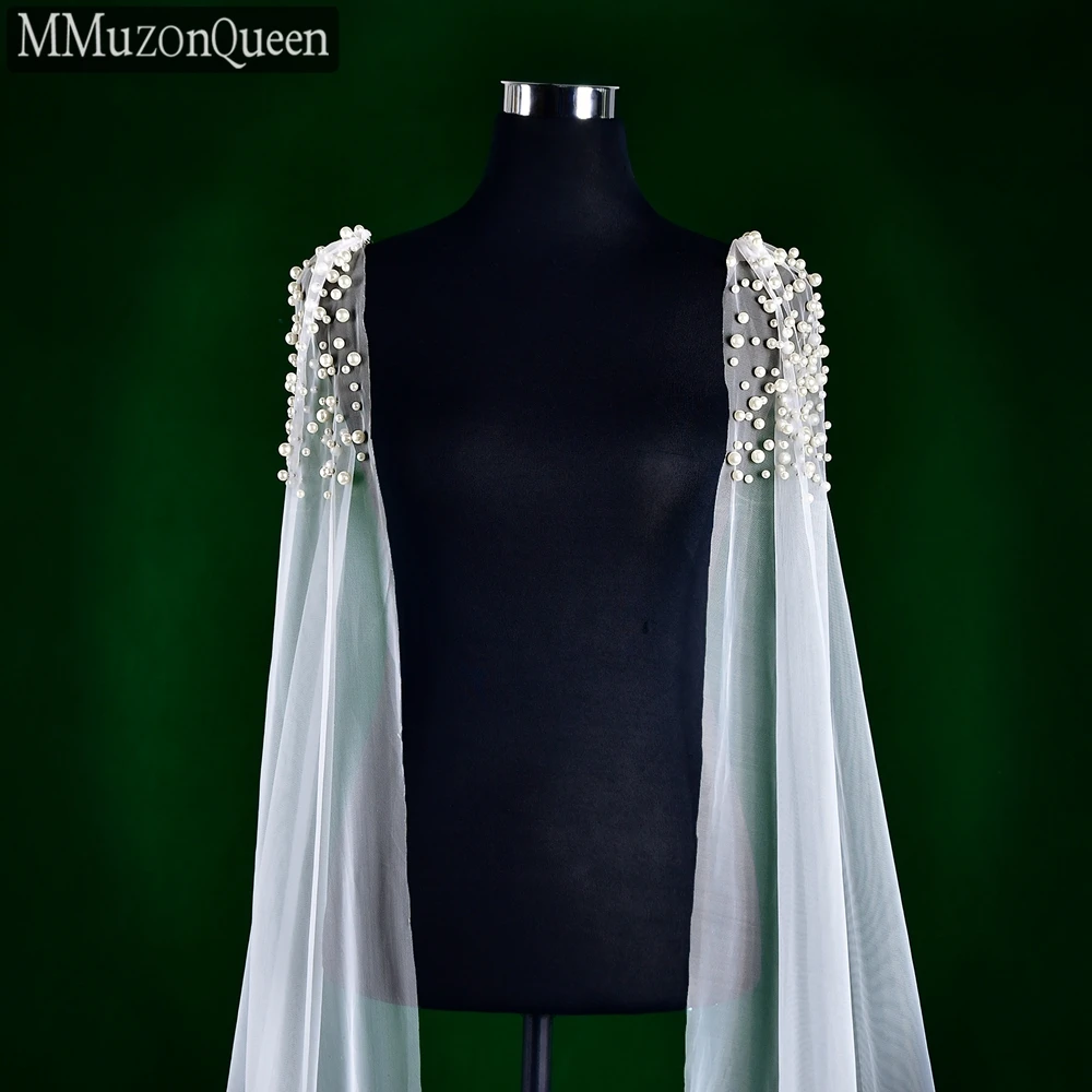 MMQ MG42 Pearl Shawl For Bridal Wedding Single Layer Front Short Back Long Cape Women Dress Accessory Wedding Cloak DIYCustomize