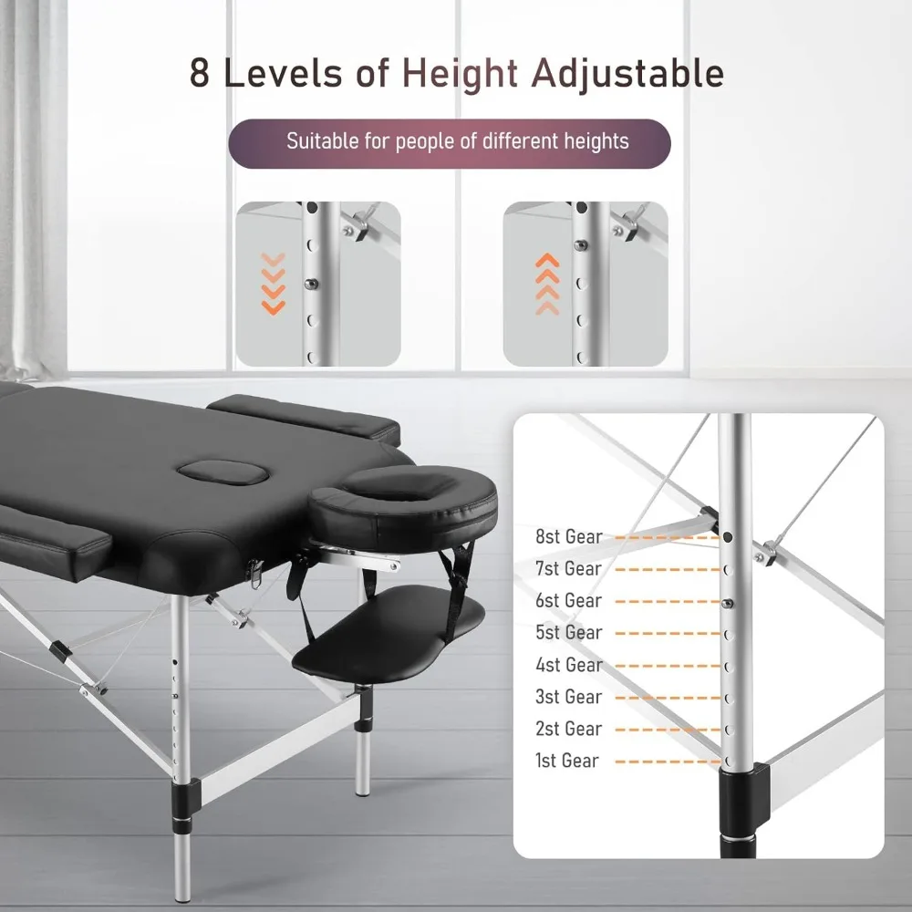 Careboda Professional Massage Table Foldable 28.7" Wide, Height Adjustable Aluminum Massage Bed 3 Fold with Headrest