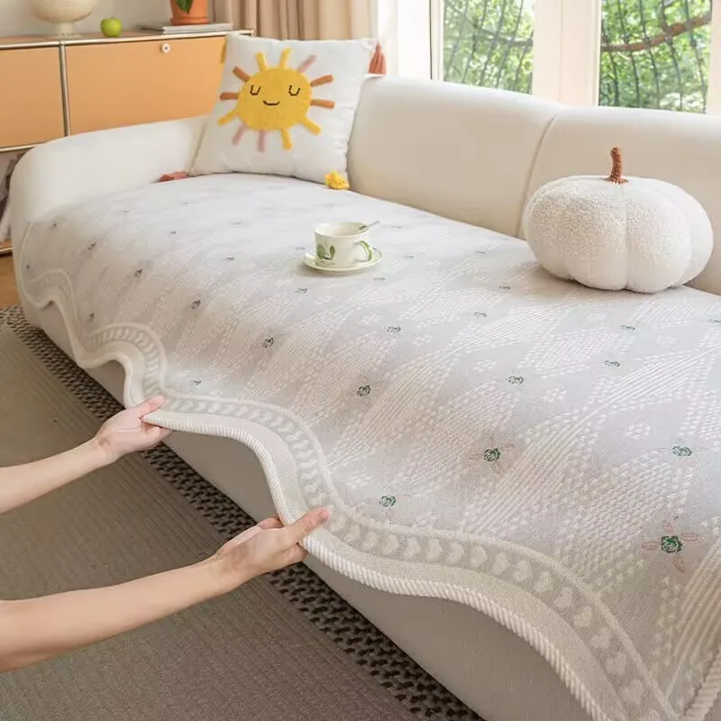Chenille Irregular Sofa Cushion Non-slip Seat Cover with Floral Embroidery Dustproof Scratched Resistant Sofa Pad Protectors
