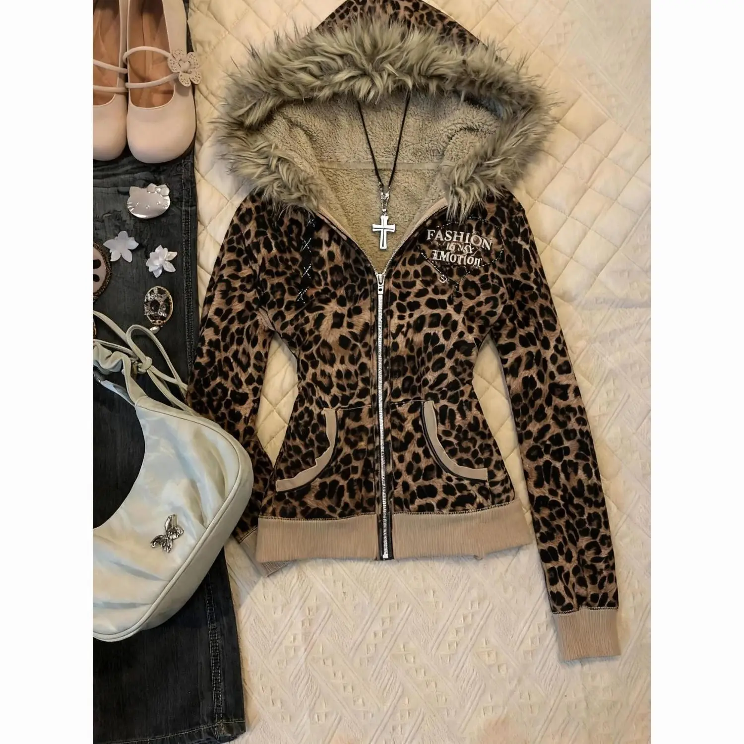 New Model Retro American Hoodie Women's Winter Artificial Fur Lining Zipper Sweatshirt Y2K Fashion Street Leopard Pattern Jacket