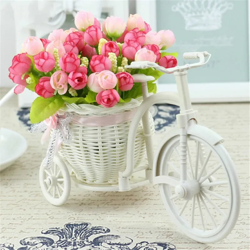 Bike Design Basket Rattan Tricycle Bike Flower Basket Vase Storage Garden Wedding Party Decoration Bedroom Artificial Flowers