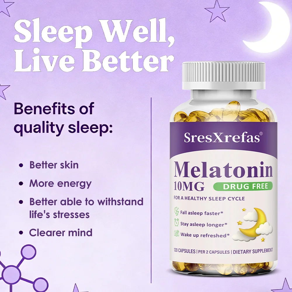Melatonin 10mg Capsules - Natural Sleep Aid, Fall Asleep Faster, Jet Lag Relief, Antioxidant,  Healthy Sleep,  Sleep Longer
