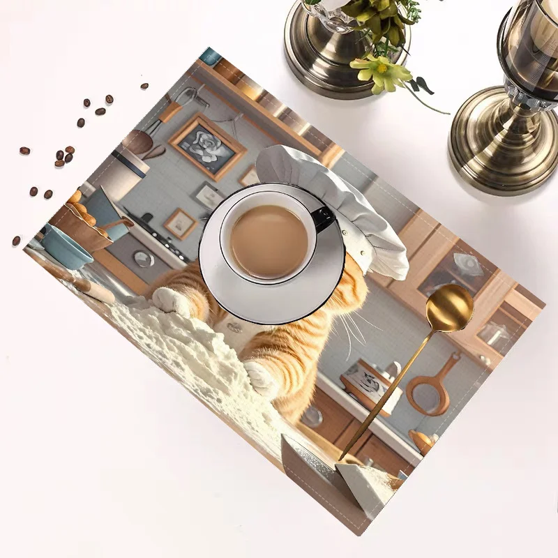 Cat Print Linen Placemat, Durable & Heat-Insulating, Home & Restaurant Daily Dining Table Mat