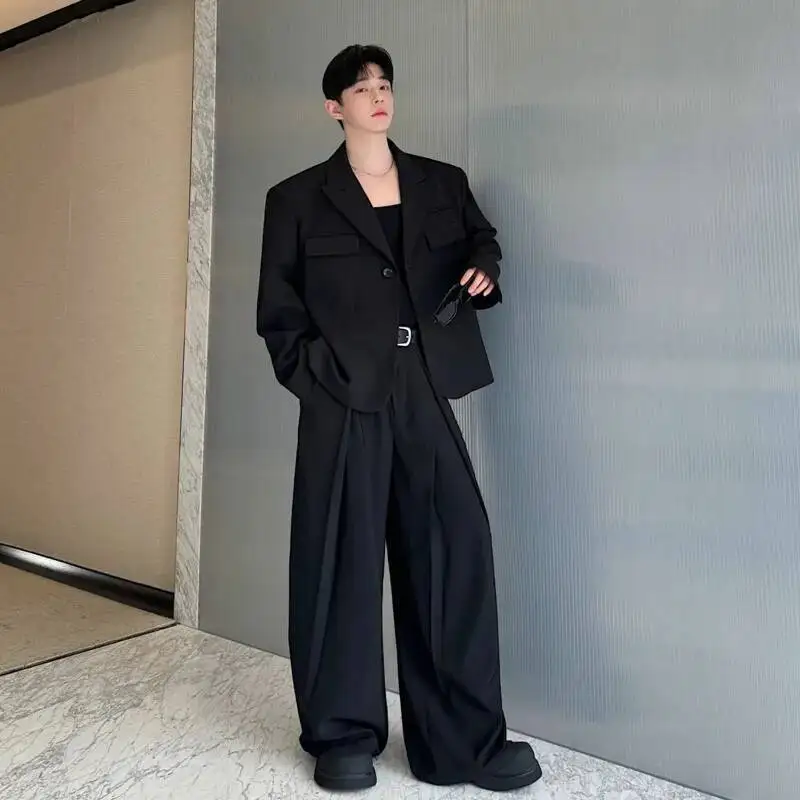 

SYUHGFA Niche Design Male Suit American Single Button Suit Jacket Drooping Pleated Wide Leg Pants 2024 Autumn Two-piece Set