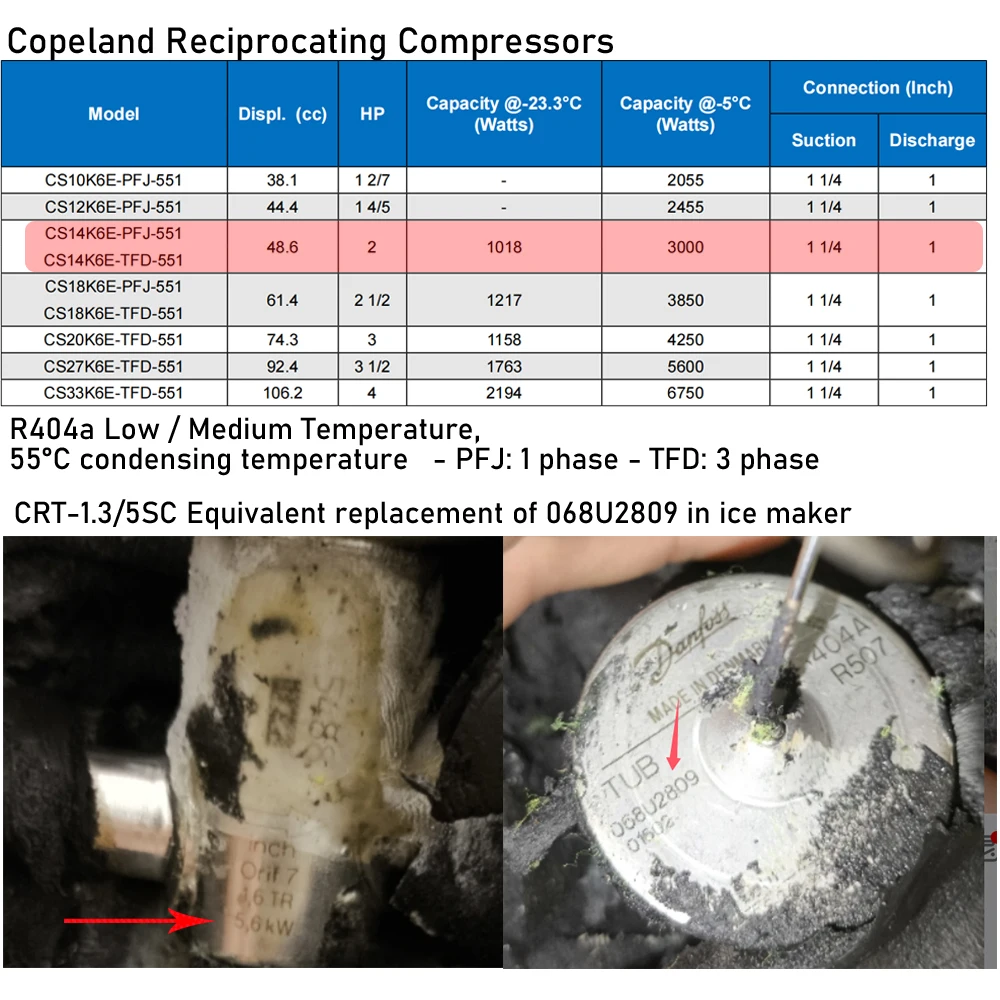 1.5 ~ 2HP R404a صمام التمدد الحراري مطابق 25 ~ 50cc/rev ضاغط الإزاحة في تبريد التجارة السلبية مثل CS14K6E