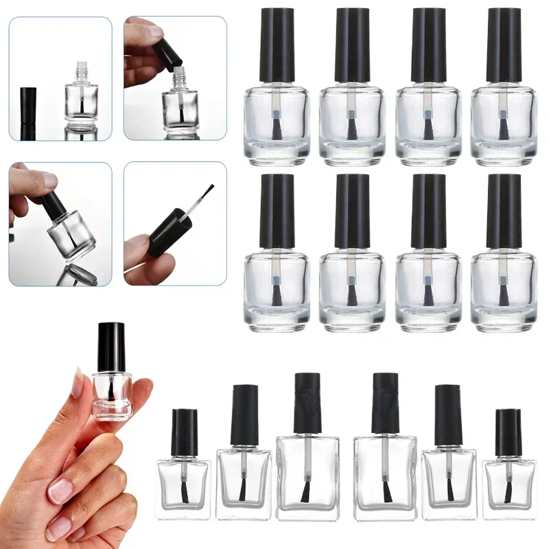 20 Stuks 5 Ml/10 Ml/15 Ml Lege Vierkante/Ronde Clear Flesjes Hervulbare Glazen nagellak Flessen Met Borstel Cap Voor Monsters Tonen Nail Art