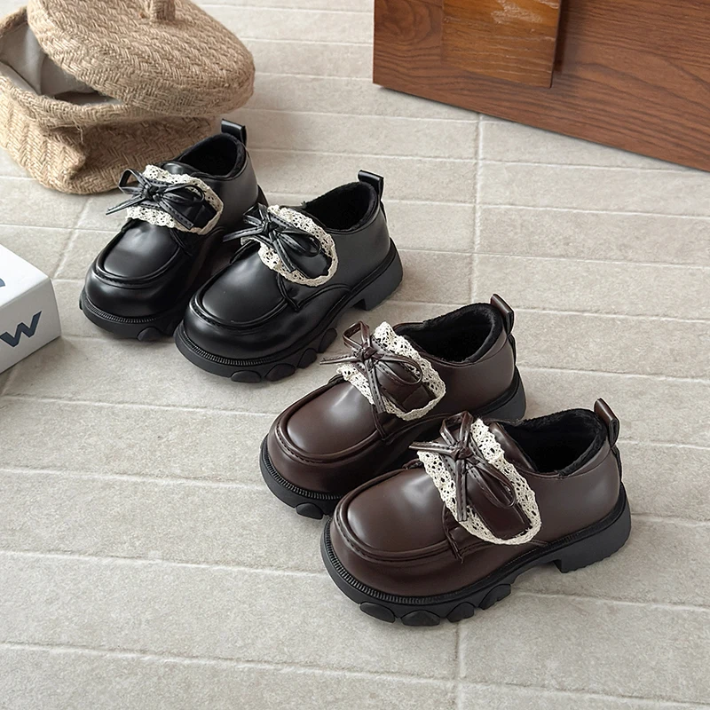 Girls Lolita Loafers Winter Kids Leather Shoes for Party Wedding Children Princess School Uniform Shoes with Lace Bow-knot