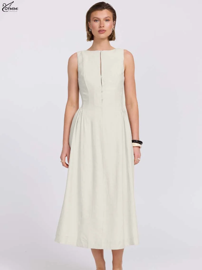 

Oymimi Elegant Beige Cotton Womens Dresses Autumn New O-Neck Sleeveless Single Breasted Dresses Casual Open Back Mid-Calf Dress