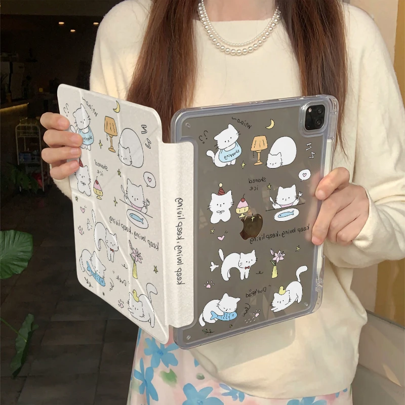 Cute Cat Tablet Case For iPad Pro 11 12.9 13 A16 M2 M4 M3 M5 Shell 8.3 9.7 10.2 5/6/7/8/9/10/11th Mini Air 1 2 3 4 5 6 7 Cover