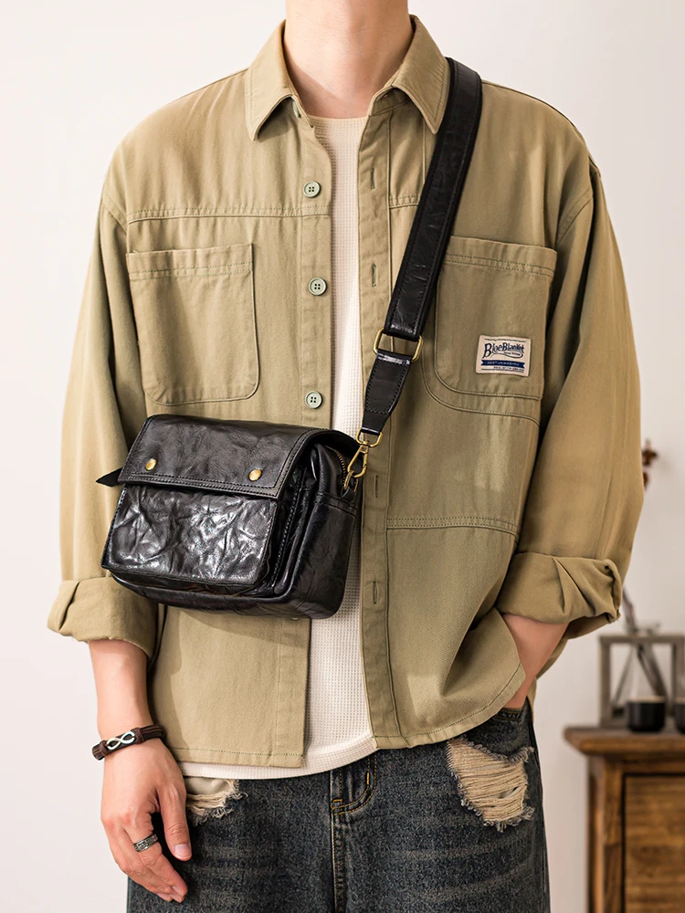 PNDME Simple fashion high quality genuine leather men's small black shoulder bag outdoor work cow leather brand crossbody bag