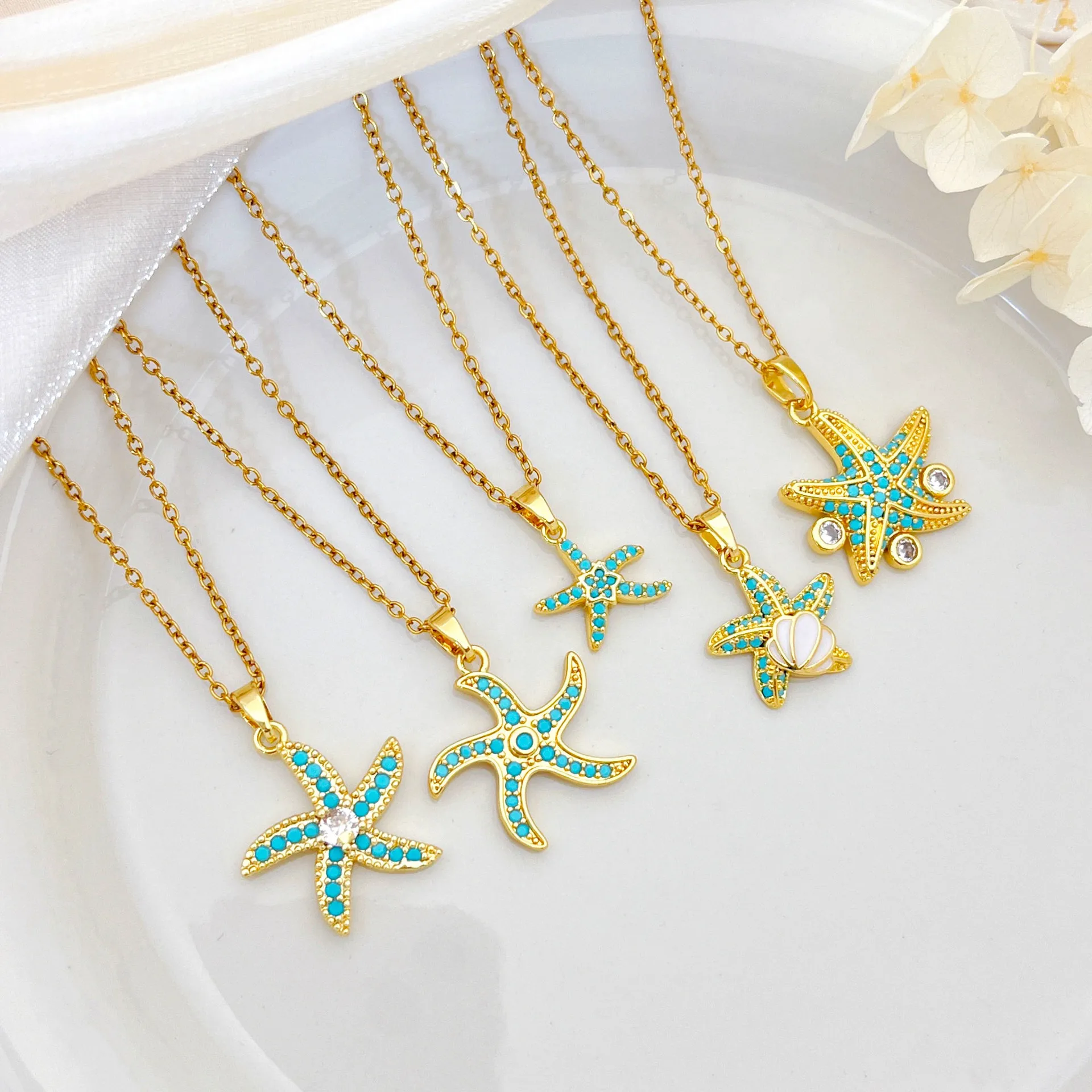 Hot Sale Ocean Style Starfish Scallop Copper 18K Gold Plated Necklace Minimalist Design Women Fashion Jewelry Accessories