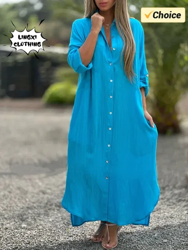 Imagen 2 del producto Vestido camisero largo de algodón y cáñamo para mujer, de talla grande prenda elegante, informal, a la moda, manga larga, estilo playero, novedad de verano