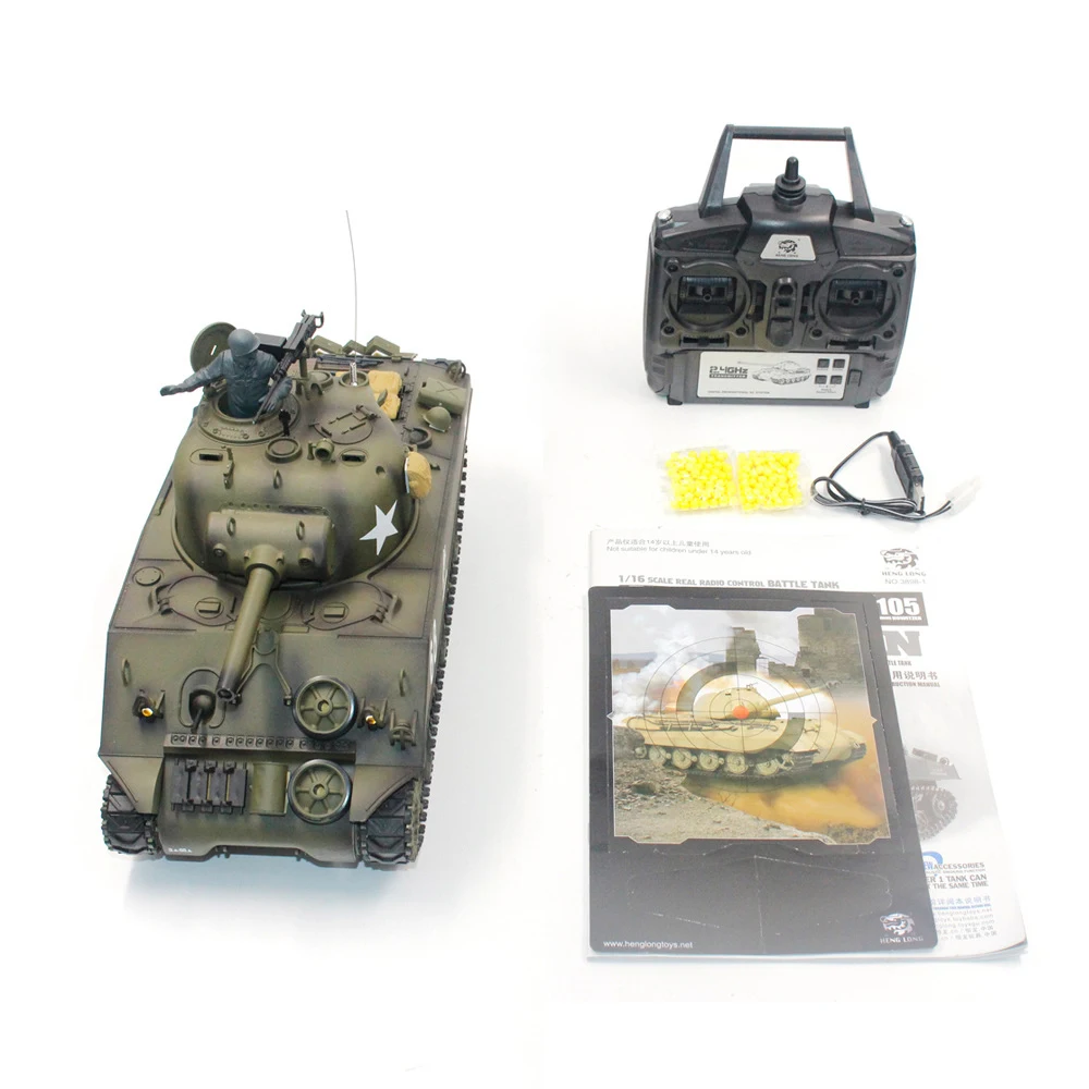 Henglong 3898-1 Metal US M4A3 Main Battle Tank RC Model US Sherman 1:16 Battle Simulation Remote Control Toys Car