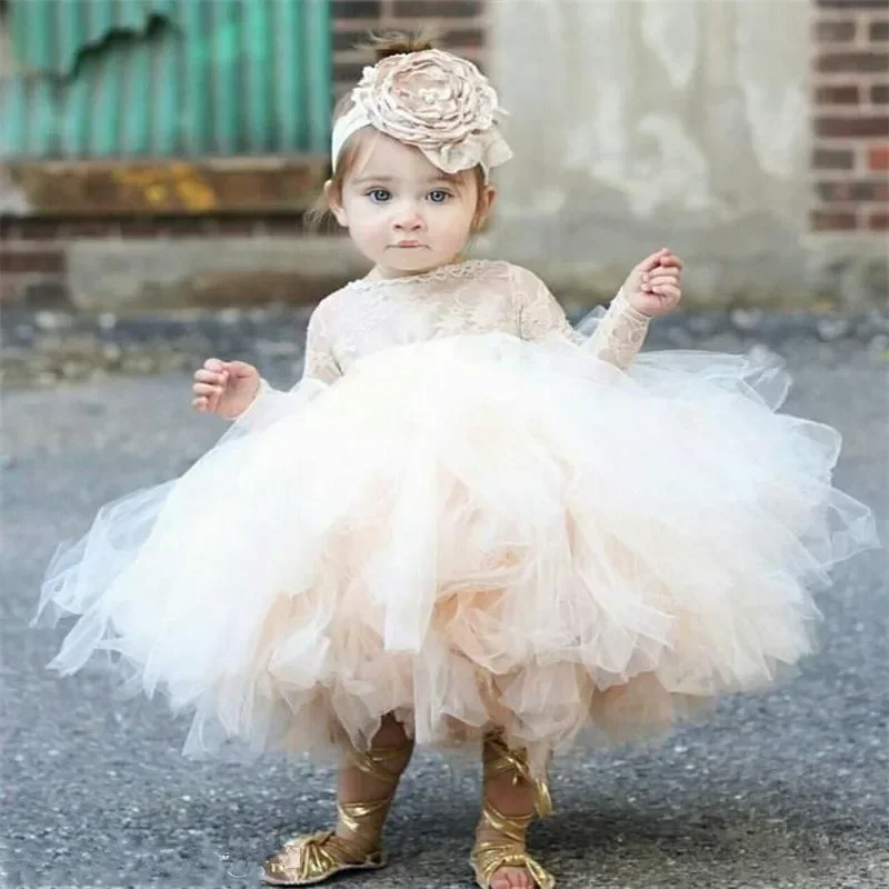 Precioso vestido de niña de flores para bodas, vestido de baile de manga larga, encaje de tul, vestidos de primera comunión, princesa pequeña