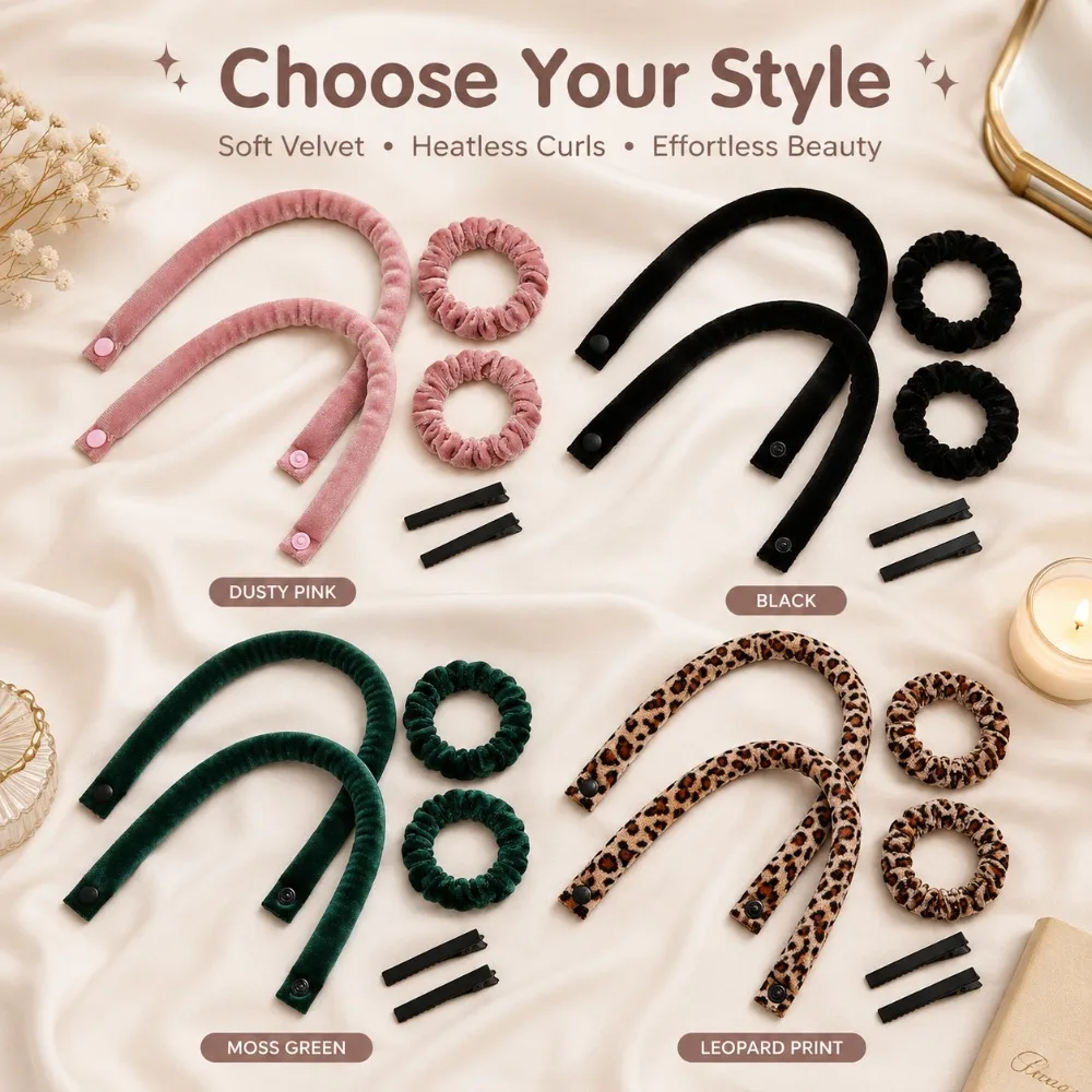 6Pcs Heatless Curling Rod Set No Heat Hair Curler Overnight Wave Maker Scrunchies Hair Clips Lazy Curls Flexi Rods Styling Tool