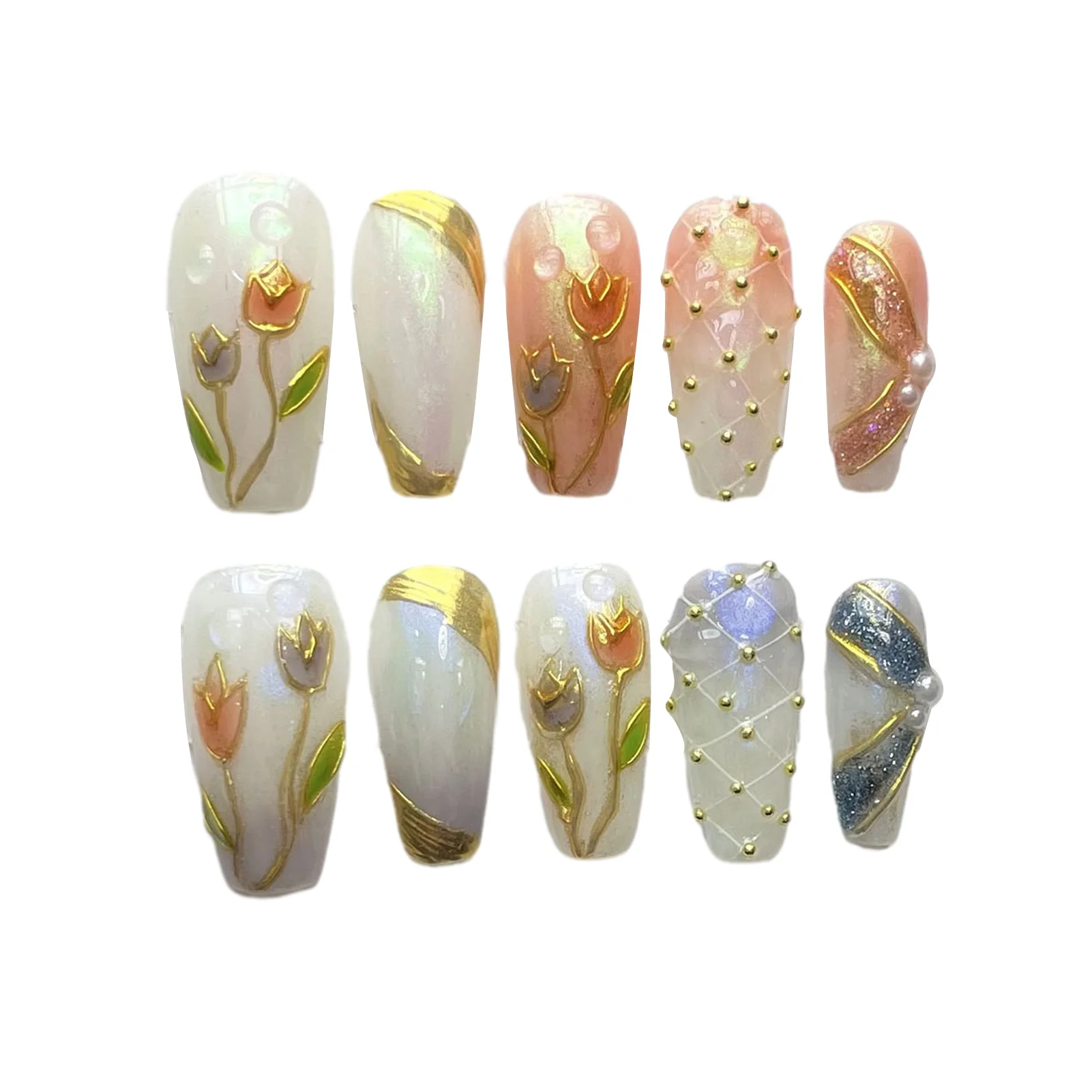 Handmade White Fake Nails with 3D Tulip Decor Natural Unbreakable Nail Simple Wear for Manicure Lovers and Beauty Bloggers