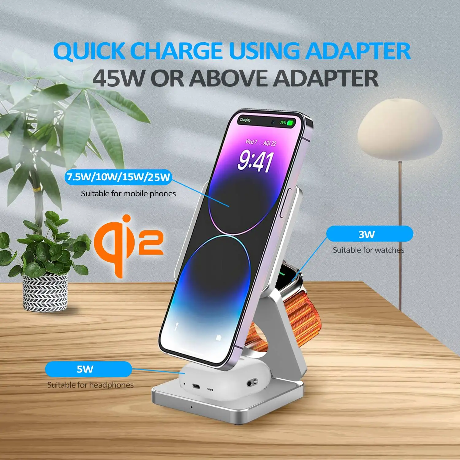 Qi2/Qi1 3 in 1 15 W magnetisches kabelloses Ladegerät für iPhone 17 16 15 Schnellladung, zusammenklappbar, für Apple Watch Airpods kabelloses Ladegerät – Detail 1
