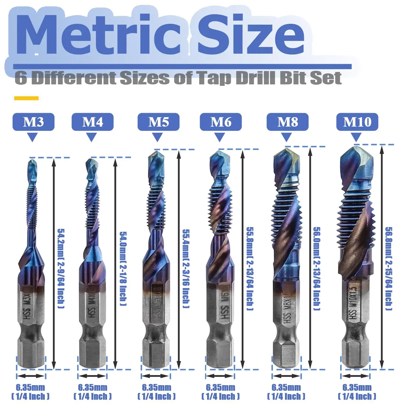 6Pcs HSS Tap Drill Bit Set M3 M4 M5 M6 M8 M10 Combination Drill & Taps Bits Hex Shank Spiral Screw Thread Tapping Tools
