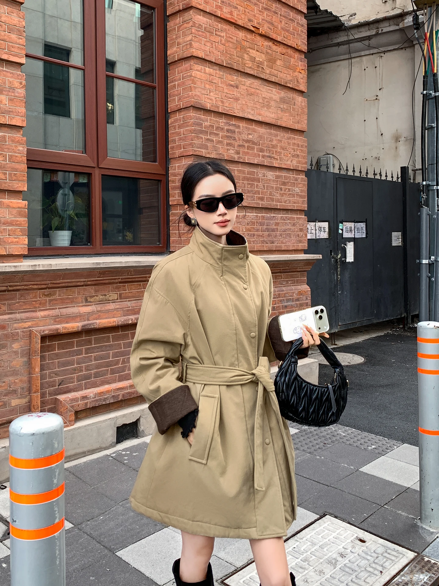 

Binguo Women's down Jaet Khaki Belted Stand Collar Windbreaker 2025 Winter New Sle Slim Fit Korean Version Coat