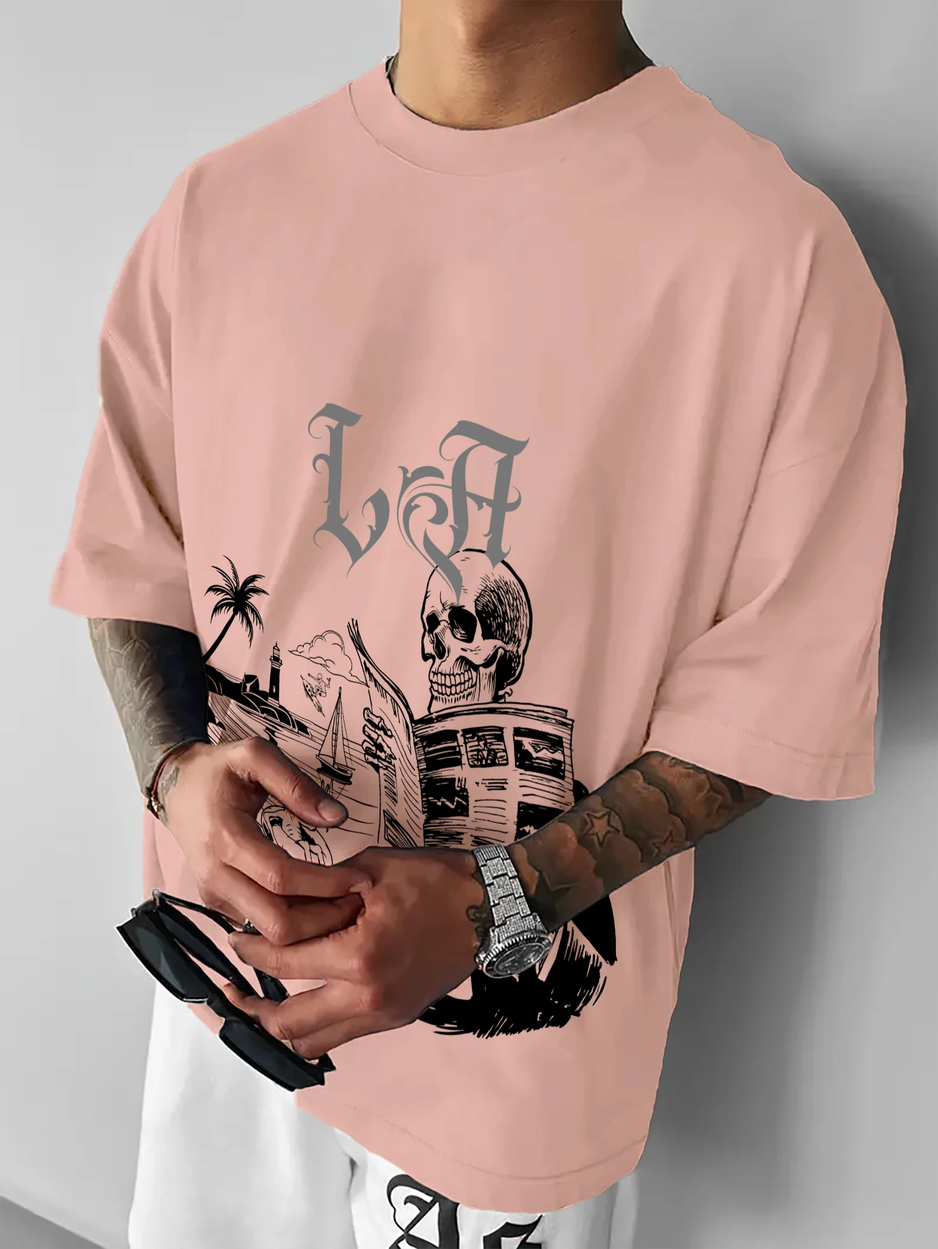 Men Oversized T-Shirt LA Gothic Letter Skull Reading Newspaper Alien Beach Lighthouse Palm Tree Front Print Streetwear Loose Tee