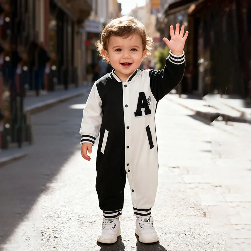 Baby Boy Romper Long Sleeve Letter A Embroidery Jumpsuit Newborn Baseball Style Color Block Casual Clothes 0-18M