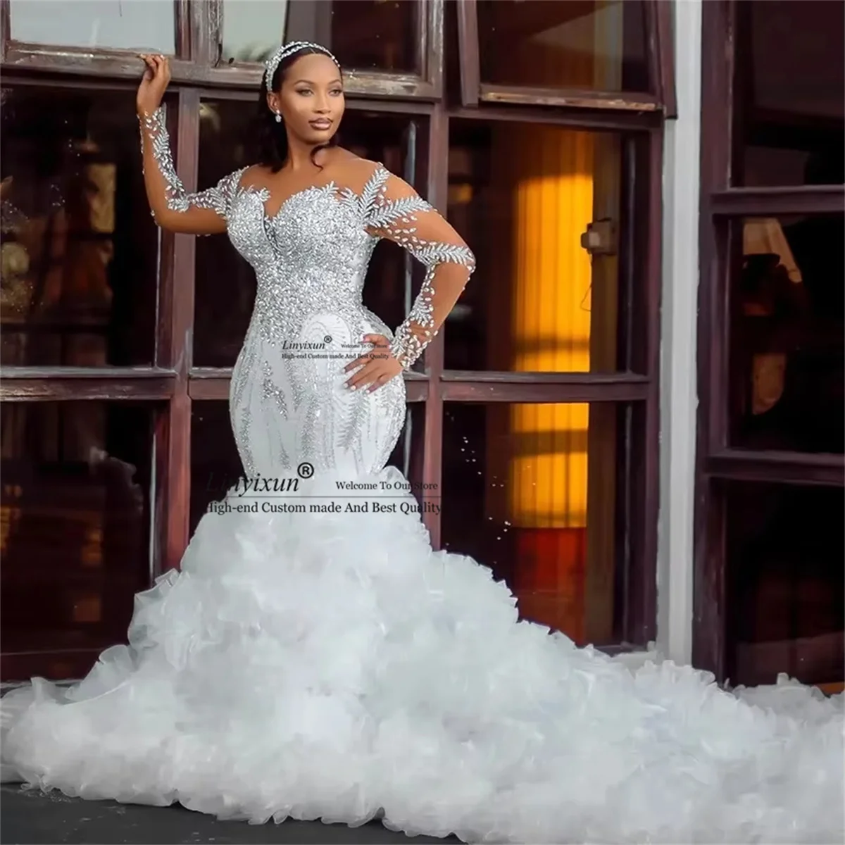Customized African Elegant Ruffled Mermaid Wedding Dress New Thick Crystal Beaded Dream Sleeve High Quality Vestidos De Novia