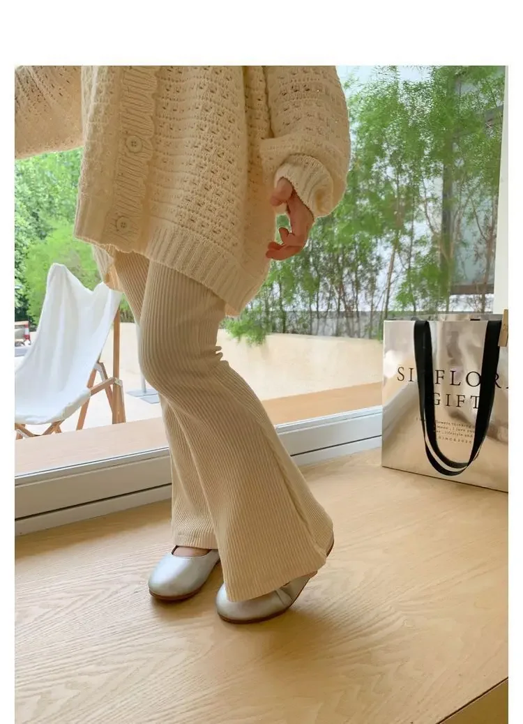 Adorable 1-8Y Children Girl Pants Summer Spring 2026 Kids Girls Ice Silk Ribbed Pants Casual Elastic Waist Bell Bottom Trousers
