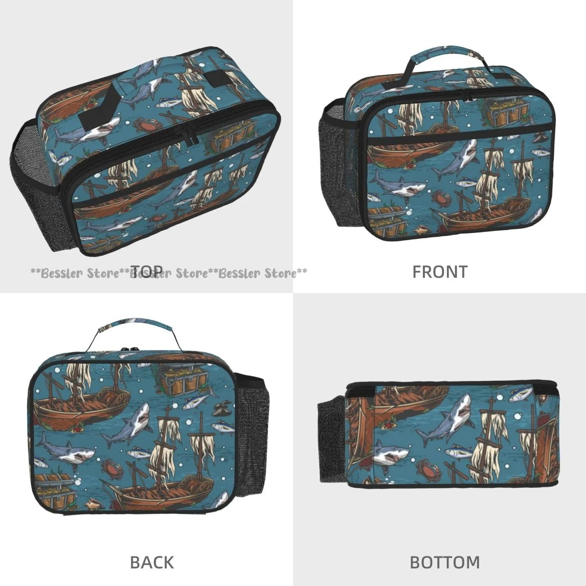 Portable Horizontal Insulated Lunch Tote Bag Shark And Ships Thermal Food Storage Handbag