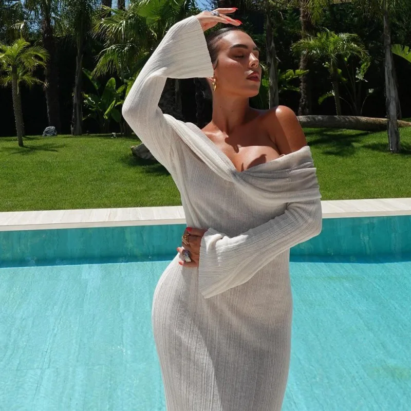 2025 Summer Fashionable Sexy Knitted Hollow One Piece Long Sleeve Dress Women's Beach Tunic Pareo Clothes Bikini Cover Up White