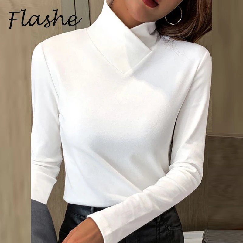 Spring Autumn Basic Shirt Women Elegant Turtleneck Long Sleeve Casual T-shirts Fashion Women Office Shirt Tops White