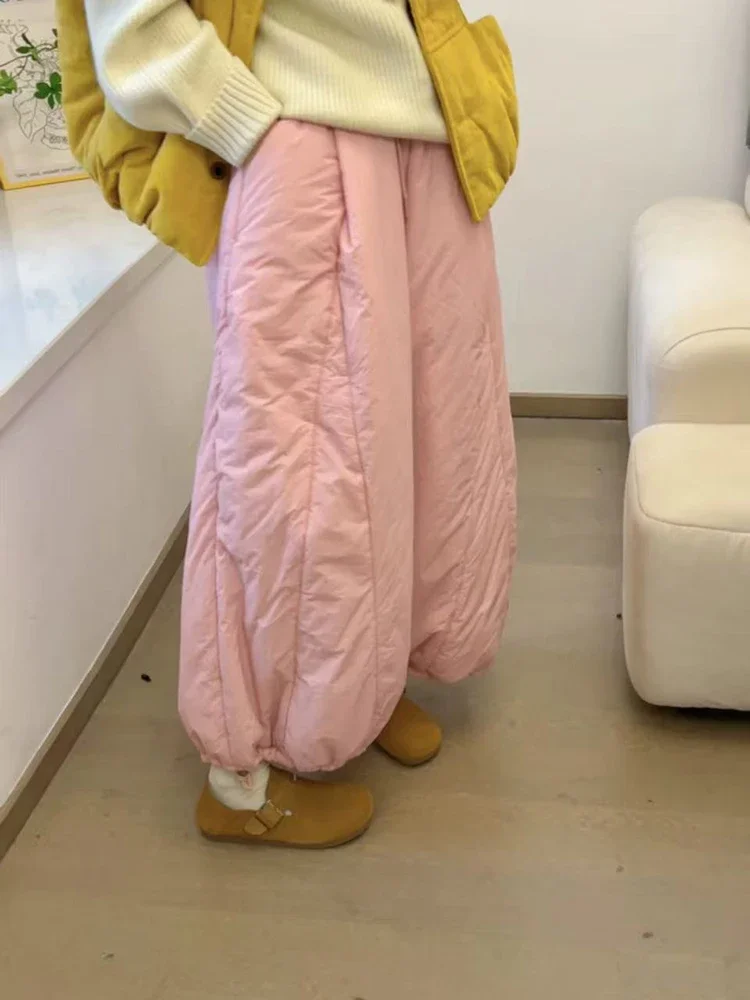 กางเกงขายาวทรงหลวมสไตล์ญี่ปุ่นสำหรับผู้หญิงไซส์ใหญ่ กางเกงบลูมเมอร์หนา อุ่น ใส่สบาย เอวสูง มีเชือกผูก เข้าได้กับทุกชุด ทรงตรง