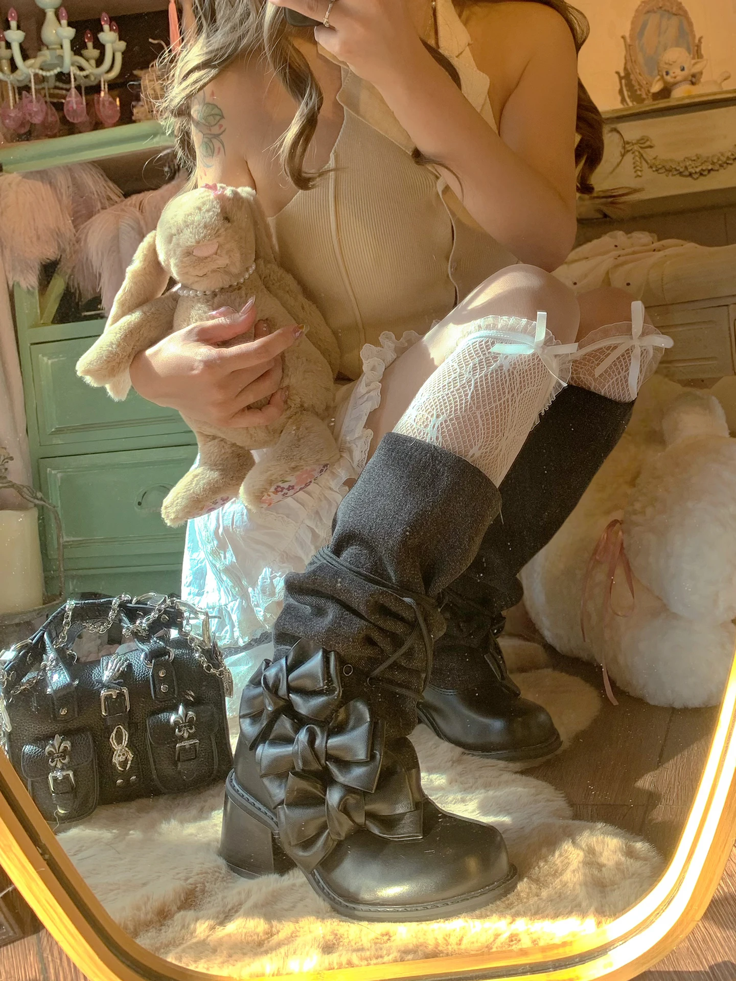 Pinkyo Original Bow Tie Cowboy Splicing Mid Top High Heel Boots Sweet Cool Luolit Girls' Retro Stacking Boots