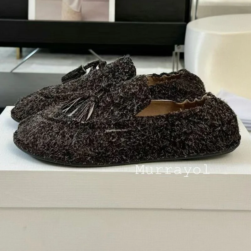 Nuovi mocassini piatti con punta tonda con decorazione nappa Scarpe singole in vera pelle tinta unita da donna Scarpe da ufficio versatili primavera autunno