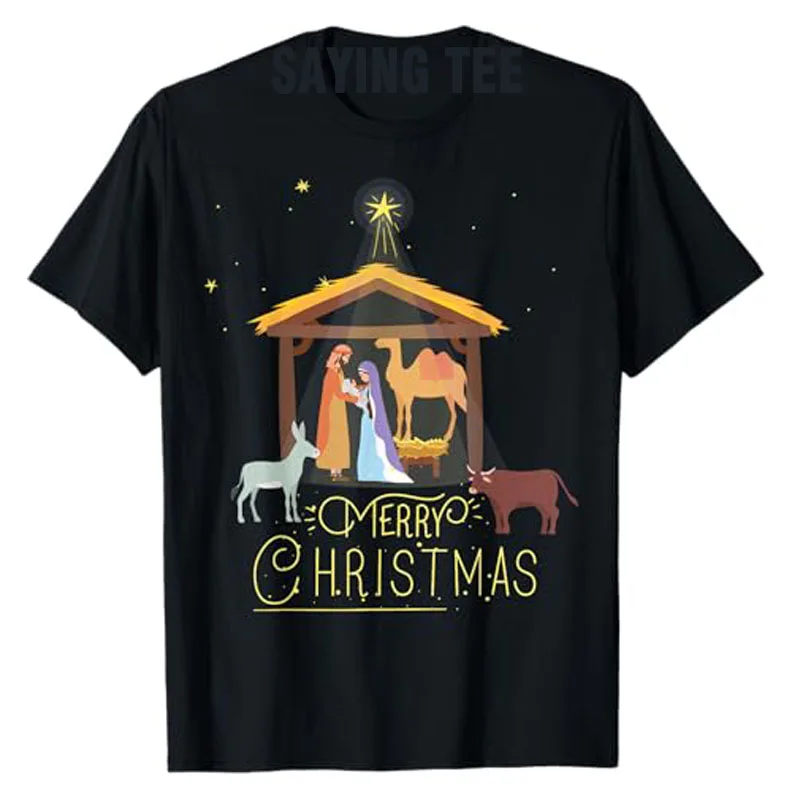 Merry Christmas - Nativity Scene North Star T-Shirt Baby Jesus Short Sleeve Saying Tee Manager Cartoon Illustration Graphic Top