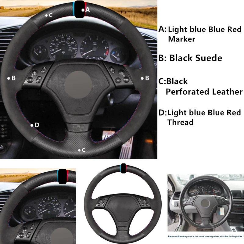 Black Suede Leather Hand Sewing Steering Wheel Cover For BMW 3 Series E36 E36/5 E39 E46 E46/5 2000 Interior Accessories