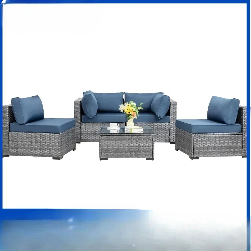 

5 Pieces Outdoor Patio Sectional Sofa Couch, Silver Gray PE Wicker Furniture Conversation Sets with Washable Cushions A