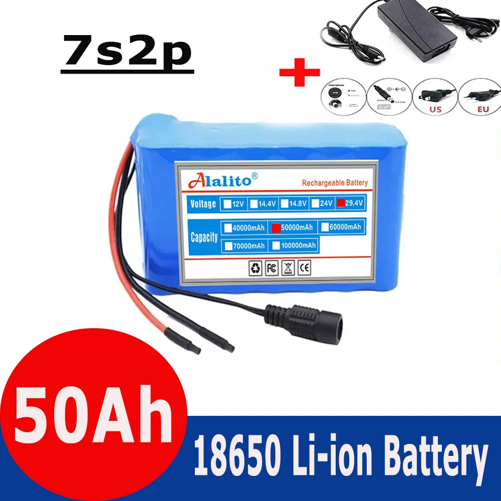 

24V 7s2p 50Ah 18650 lithium-ion battery pack 29.4v 50000mah electric bicycle electric wheelchair scooter battery+charger