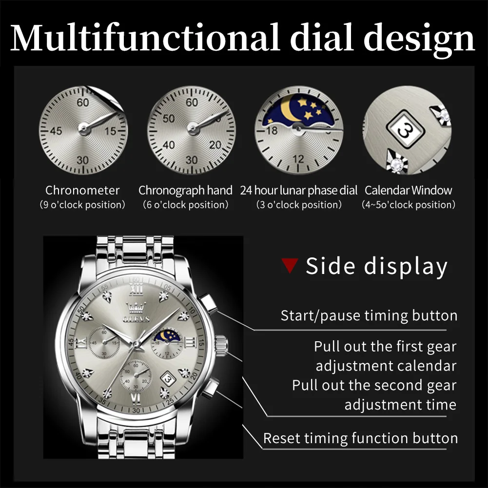 OLEVS 2858 Quartz Watch for Men Classic Three Eye Chronograph Small Dial 24 Hour Moon Phase Luxury Original Men's Watches Gifts