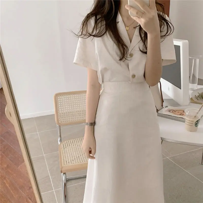 2 Pcs Sets Women Elegant Korean Style Office Ladies Slim Outfits Summer Turn-down Collar Design Simple Daily Tops Skirt Popular