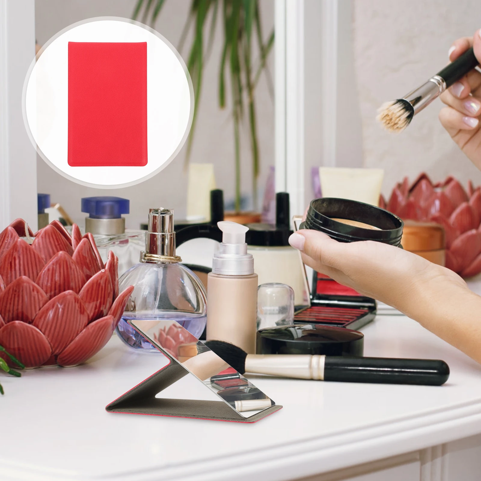 

1Set PU Cover Stainless Steel Folding Makeup Mirror Compact Portable Pocket Mirror Lightweight for Travel