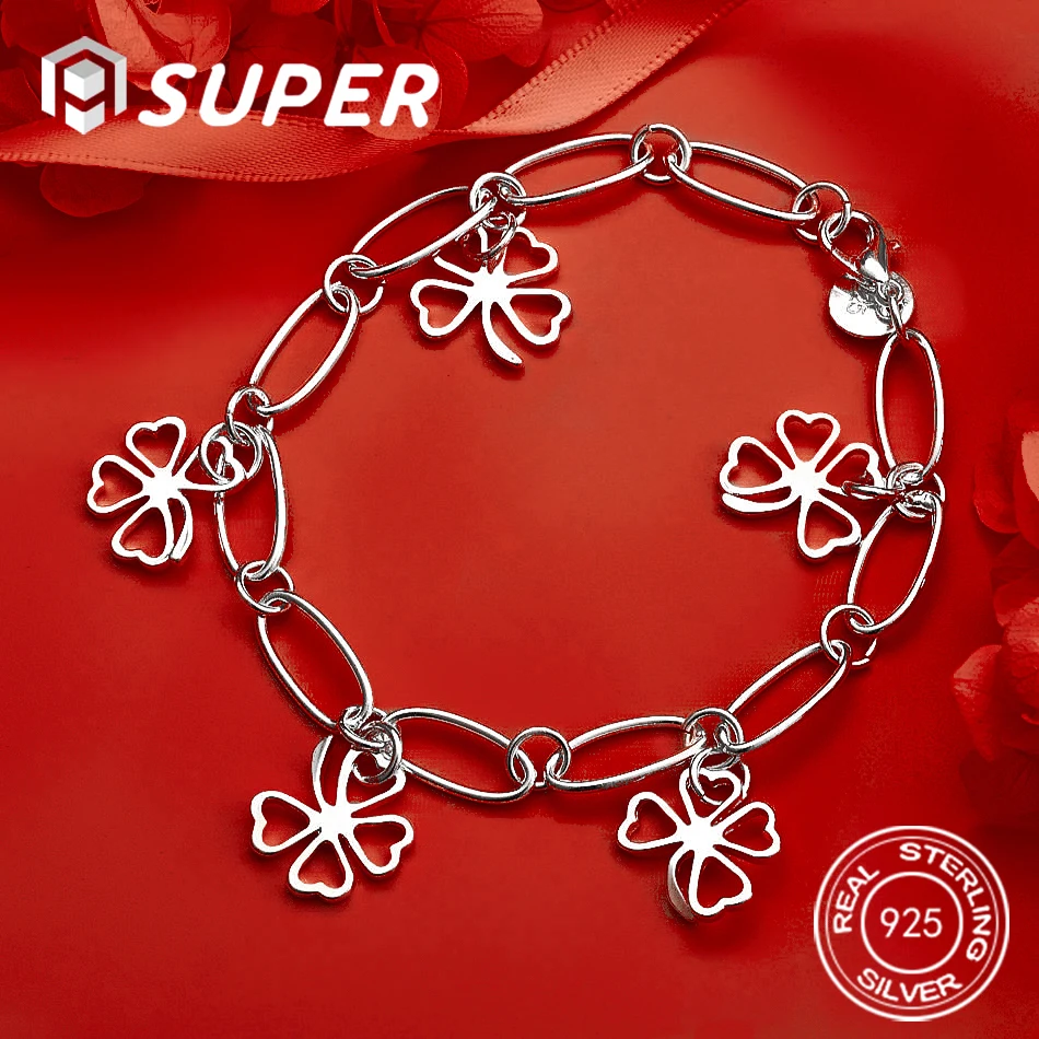 

ALISuper 925 Sterling Silver Exquisite Four-Leaf Clover Bracelet Fashionable Women'S Party Jewelry Gift Accessories